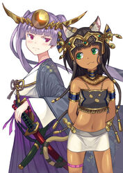  2girls animal_ears armband bad_id bad_pixiv_id bastet_(p&amp;d) black_hair cat_ears commentary_request dark-skinned_female dark_skin green_eyes hakama hakama_skirt haori japanese_clothes katana long_hair midriff multiple_girls navel purple_eyes purple_hair purple_hakama puzzle_&amp;_dragons rari_(badominton) scabbard sheath simple_background skirt strapless sword tube_top twintails very_long_hair weapon white_background yomi_(p&amp;d) 