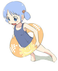  :d armpits barefoot blue_eyes blue_hair blue_one-piece_swimsuit blush checkered commentary_request dutch_angle female flat_chest from_above full_body hair_ornament happy holding inflatable_toy legs_apart looking_to_the_side naganohara_mio nichijou no_nose one-piece_swimsuit open_mouth parted_bangs school_swimsuit shadow short_hair short_twintails sidelocks simple_background smile smiley_face solo standing sun_print swimsuit tomboo transparent twintails white_background 