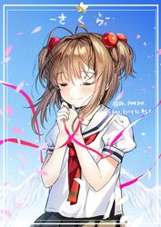  angel_wings antenna_hair blue_sky border brown_hair cardcaptor_sakura character_name clear_sky closed_eyes clow_card commentary day female hair_bobbles hair_ornament inset_border kinomoto_sakura neckerchief outdoors own_hands_together petals pink_ribbon popuru red_neckerchief ribbon sailor_collar school_uniform shirt short_hair short_sleeves sky smile solo star_(symbol) tears tomoeda_elementary_school_uniform two_side_up white_border white_sailor_collar white_shirt white_wings wings 