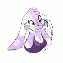  1:1 2016 anthro female fur hair kwik_(artist) lagomorph leporid mammal pink_hair purple_body purple_eyes purple_fur rabbit simple_background solo white_background white_body white_fur 