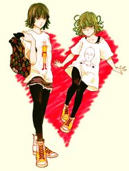  2girls :o backpack bag black_hair black_legwear breasts character_print commentary_request cross-laced_footwear flat_chest flipped_hair floating fubuki_(one-punch_man) full_body green_eyes green_hair heart looking_at_viewer medium_breasts mochishio multiple_girls off_shoulder one-punch_man pantyhose pantyhose_under_shorts print_shirt saitama_(one-punch_man) shirt shoes short_hair short_sleeves shorts siblings sisters sneakers spread_fingers standing t-shirt tatsumaki undershirt v-shaped_eyebrows yellow_background 