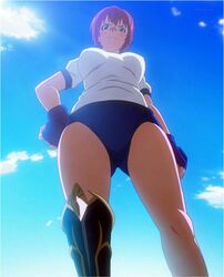  anime_screenshot blue_sky breasts buruma day female gym_uniform highres maken-ki! photoshop_(medium) purple_eyes shinatsu_azuki short_hair shorts sky smile solo standing thighs 