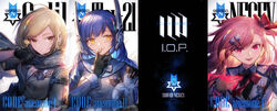  3girls ahoge asymmetrical_bangs bad_id bad_pixiv_id belt black_gloves blue_hair blue_ribbon blush braid brown_hair character_name closed_mouth commentary_request dog_tags earrings fingerless_gloves galil_(girls&#039;_frontline) girls&#039;_frontline gloves hair_ribbon hand_up headgear hebrew_text heiwari_kanade highres jewelry long_hair looking_at_viewer medal military military_uniform multiple_girls negev_(girls&#039;_frontline) one_side_up open_mouth orange_eyes photoshop_(medium) pink_eyes pink_hair ribbon scarf scarf_pull side_braid smile tar-21_(girls&#039;_frontline) uniform upper_body yellow_eyes 