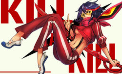  alternate_costume black_hair breasts commentary_request copyright_name cropped_jacket female infukun kill_la_kill matoi_ryuuko medium_breasts midriff multicolored_hair navel red_hair safety_glasses scarf scissor_blade_(kill_la_kill) senketsu senketsu_(scarf) shoes short_hair spoilers suspenders suspenders_pull sword tinted_eyewear track_suit two-tone_hair underboob uwabaki weapon yellow-tinted_eyewear 