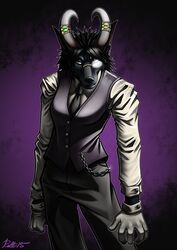  2015 abstract_background absurd_res anthro biped black_body black_fur black_hair blizzard_entertainment butler canid chains clothed clothing conditional_dnp digital_media_(artwork) eyewear fan_character female fur green_eyes grey_body grey_fur hair half-closed_eyes hellsing hi_res horn horn_jewelry horn_ring jewelry looking_at_viewer mammal monocle narrowed_eyes paralee_(character) parody ratte ring_(jewelry) simple_background solo standing tomboy walter_dornez warcraft were werecanid worgen 