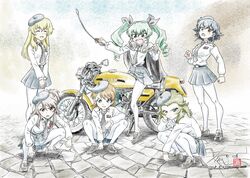  6+girls amaretto_(girls_und_panzer) anchovy_(girls_und_panzer) angry anzio_school_uniform artist_name asymmetrical_bangs belt beret black_belt black_cape black_footwear black_hair black_hat black_necktie black_ribbon black_skirt blonde_hair blush braid brown_eyes brown_hair cape carpaccio_(girls_und_panzer) closed_eyes closed_mouth commentary dated day dress_shirt drill_hair ducati ducati_450_desmo embarrassed emblem frown gelato_(girls_und_panzer) girls_und_panzer glaring green_hair hair_ornament hair_ribbon hairclip hat head_rest highres kubota_shinji loafers long_hair long_sleeves looking_at_viewer medium_hair miniskirt multicolored_background multiple_girls necktie open_mouth outdoors panettone_(girls_und_panzer) pantyhose pepperoni_(girls_und_panzer) pleated_skirt red_eyes ribbon riding riding_crop road school_uniform shirt shoes short_hair side_braid signature skirt smile squatting standing street twin_drills twintails v-shaped_eyebrows v_arms watermark white_legwear white_shirt 