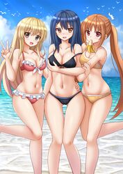  3girls :d ^^^ aho_girl alternate_breast_size ass_visible_through_thighs banana beach bikini black_bikini black_hair blonde_hair blue_sky blush breasts brown_eyes brown_hair cleavage cloud collarbone commentary day food front-tie_bikini_top front-tie_top fruit fuuki_iinchou_(aho_girl) grabbing grabbing_another&#039;s_breast groin hair_ornament hairclip hanabatake_yoshiko highres kazenokaze large_breasts long_hair looking_at_viewer medium_breasts mouth_hold multiple_girls navel open_mouth outdoors red_bikini red_eyes sky smile standing standing_on_one_leg strap_slip sumino_sayaka sunlight swimsuit tankini thigh_gap twintails v very_long_hair water yellow_bikini 