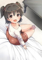  akagi_miria ass barefoot bed_sheet black_hair breasts brown_eyes cleavage collarbone commentary_request downblouse female from_above gaichi idolmaster idolmaster_cinderella_girls kneehighs long_sleeves looking_at_viewer looking_back medium_breasts medium_hair miniskirt open_mouth shadow shirt short_hair sitting skirt socks solo table two_side_up white_shirt 