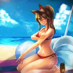  ahri_(league_of_legends) animal_ears ball beachball bikini breasts brown_eyes brown_hair cleavage commentary_request facial_mark female fox_ears fox_tail large_breasts league_of_legends long_hair looking_at_viewer mizoreame multiple_tails navel one_eye_closed outdoors ponytail side-tie_bikini_bottom sitting smile solo swimsuit tail umbrella wariza 