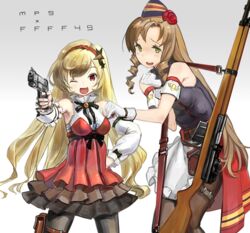  2girls arm_warmers belt beretta_92 black_pantyhose blonde_hair blush bow breasts brown_hair character_name commentary_request dress drill_hair drill_sidelocks fn-49 fn-49_(girls&#039;_frontline) frilled_dress frills girls&#039;_frontline gloves green_eyes gun hair_ornament hairband handgun hat kesomaru layered_skirt long_hair looking_at_viewer m9_(girls&#039;_frontline) multiple_girls oerba_yun_fang open_mouth pantyhose red_dress red_eyes ribbon rifle sidelocks simple_background skirt small_breasts smile weapon white_gloves white_skirt 