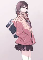  bag brown_eyes brown_hair commentary_request earphones female hands_in_pockets highres jacket long_hair looking_at_viewer original school_bag school_uniform shimano smile solo 