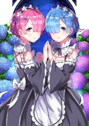  2girls apron artist_name blue_eyes blue_hair bow breasts cleavage commentary_request detached_collar detached_sleeves dress flower frilled_sleeves frills from_side hair_ornament hair_over_one_eye hiroki_(hirokiart) hydrangea interlocked_fingers looking_at_viewer maid maid_apron maid_headdress multiple_girls pink_eyes pink_hair ram_(re:zero) re:zero_kara_hajimeru_isekai_seikatsu rem_(re:zero) ribbon-trimmed_clothes ribbon-trimmed_collar ribbon-trimmed_sleeves ribbon_trim roswaal_mansion_maid_uniform short_hair siblings sisters small_breasts twins x_hair_ornament 