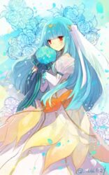  banned_artist bare_shoulders blue_hair bouquet bridal_veil bride cape dress fire_emblem fire_emblem:_rekka_no_ken fire_emblem_heroes flower hair_ornament long_hair looking_at_viewer mamkute ninian nunuko_(mu661129) red_eyes simple_background smile solo veil wedding wedding_dress 