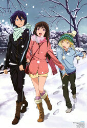  2boys absurdres blonde_hair blue_eyes blue_hair brown_hair day female hat highres iki_hiyori komori_hideto long_hair multiple_boys noragami official_art open_mouth orange_eyes outdoors pink_scarf purple_eyes scarf skirt snow tree yato_(noragami) yellow_skirt yukine_(noragami) 