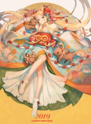  2019 animal animal_ears asuda blonde_hair blue_eyes blue_kimono boar chinese_zodiac closed_mouth commentary_request female forehead full_body fur_collar happy_new_year head_tilt highres japanese_clothes kimono long_hair long_sleeves lying new_year no_shoes obi on_back original parted_bangs sash sleeves_past_wrists socks solo tabi white_socks wide_sleeves year_of_the_pig 