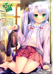  2girls absurdres animal_ears artist_name barefoot bell blush bow brown_ribbon cat_ears cat_tail clothes_writing e_2 english_text expressionless green_eyes hair_bell hair_ornament hair_over_shoulder hair_ribbon hairbow highres holding holding_toy hood hoodie indoors jacket logo magazine_scan multiple_girls nail_polish open_mouth original pastel_colors paw_print pink_hair pink_jacket pink_nails pleated_skirt polka_dot polka_dot_skirt red_bow red_skirt ribbon scan silver_hair sitting skirt stuffed_animal stuffed_cat stuffed_toy sunlight syroh tail toy translation_request white_hoodie window yellow_eyes yokozuwari 