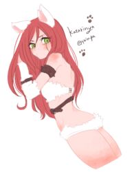  animal_ears ass back bare_back bare_shoulders belt blush breasts cat_ears commentary_request cowboy_shot female flat_ass green_eyes hair_between_eyes hand_in_own_hair katarina_(league_of_legends) kitty_cat_katarina league_of_legends long_hair looking_down medium_breasts otani_(kota12ro08) paw_print pun red_hair scar simple_background solo strapless thighs twitter_username 