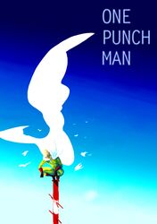  1boy animal bald bird blue_sky bodysuit cape commentary_request copyright_name day gloves gradient long_sleeves male_focus mochishio one-punch_man outdoors pole red_gloves saitama_(one-punch_man) shade sky solo squatting 