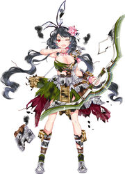  ;o arrow_(projectile) bare_shoulders black_hair bow_(weapon) breasts cleavage covering_face drill_hair female flower full_body hair_flower hair_ornament hand_up holding holding_bow_(weapon) holding_weapon komakiyama_(oshiro_project) large_breasts official_art one_eye_closed oshiro_project:re quiver red_eyes ririkuto simple_background skirt sleeve_cuffs sleeveless solo torn_boots torn_clothes torn_skirt twin_drills twintails v-shaped_eyebrows wavy_hair weapon white_background 