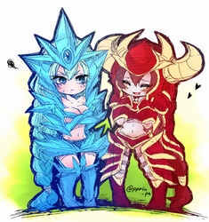  2girls :&lt; anivia annoyed armor blue_eyes blue_footwear blue_hair blush boots breasts cleavage closed_eyes colored_skin commentary_request crossed_arms dual_persona frown gem grey_skin hair_between_eyes hands_on_own_chest happy headgear headpiece heart hip_focus knees_together_feet_apart large_breasts league_of_legends long_hair midriff multiple_girls navel open_mouth otani_(kota12ro08) personification ponytail red_footwear red_hair shyvana smile very_long_hair 