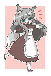  alternative_fashion anthro blue_eyes blush canid canine canis chibi classic_lolita clothing female fur grey_body grey_fur grey_hair hair j-fashion kemono kin-shun lolita_(fashion) long_hair mammal open_mouth solo wolf 