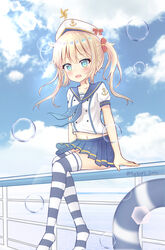  :d anchor_symbol beret blonde_hair blue_eyes blue_neckerchief blue_sailor_collar blue_skirt blue_sky blurry blurry_foreground blush bow breasts bubble cloud collarbone commentary_request day depth_of_field female hairbow hat highres horizon lifebuoy long_hair navel neckerchief no_shoes ocean oerba_yun_fang open_mouth original outdoors pinwheel pleated_skirt puffy_short_sleeves puffy_sleeves railing red_bow sailor sailor_collar satori_(ymoy) shirt short_sleeves sitting skirt sky small_breasts smile solo striped_clothes striped_thighhighs swim_ring thighhighs twintails twitter_username water white_hat white_shirt 