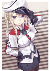  adjusting_clothes adjusting_headwear anchor black_gloves black_pantyhose black_ribbon black_skirt blonde_hair blue_eyes blush border breasts brown_background commentary_request cross doonatsu. dutch_angle female gloves graf_zeppelin_(kancolle) hair_between_eyes hand_on_own_hip hat iron_cross kantai_collection large_breasts long_sleeves looking_at_viewer military military_uniform miniskirt necktie pantyhose peaked_cap pleated_skirt revision ribbon sidelocks simple_background skirt solo standing striped striped_background two_side_up uniform white_border 