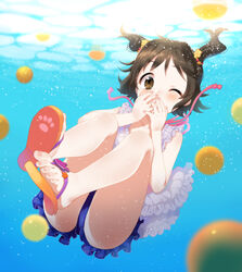  akagi_miria bad_id bad_pixiv_id ball bare_shoulders black_hair blush brown_eyes brown_hair collarbone covered_mouth covering_own_mouth feet female flip-flops frills furururu holding_breath idolmaster idolmaster_cinderella_girls legs one_eye_closed sandals short_hair solo submerged toes two_side_up underwater 