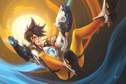  abstract_background aiming aiming_at_viewer bodysuit bomber_jacket brown_eyes brown_hair commentary dual_wielding english_commentary female finger_on_trigger full_body goggles gun handgun highres holding jacket koloromuj lips looking_at_viewer messy_hair nose orange_bodysuit orange_goggles overwatch overwatch_1 photoshop_(medium) science_fiction short_hair signature smile solo spiked_hair tracer_(overwatch) weapon 