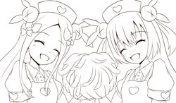  &gt;_&lt; 2girls :d ^_^ abigail_williams_(fate) apron blush bow center_frills closed_eyes collared_shirt commentary_request cosplay crossover facing_viewer fate/grand_order fate_(series) forehead frills hair_between_eyes hair_ornament hairbow hat head_tilt heart highres holding mitchi monochrome multiple_girls natori_sana natori_sana_(cosplay) nurse_cap oerba_yun_fang open_mouth parted_bangs pom_pom_(cheerleading) puffy_short_sleeves puffy_sleeves rabbit_hair_ornament sana_channel shirt short_sleeves simple_background smile two_side_up virtual_youtuber white_background 