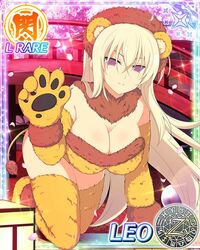  all_fours animal_ears blonde_hair breasts card_(medium) character_name cleavage closed_mouth commentary_request female fur_trim gloves large_breasts leo_(senran_kagura) lion_ears lion_paw lion_tail long_hair looking_at_viewer official_art paw_pose petals purple_eyes senran_kagura senran_kagura_new_wave senran_kagura_peach_ball smile solo tail thighhighs third-party_source trading_card very_long_hair yaegashi_nan 