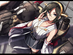  adjusting_eyewear bare_shoulders black_hair black_skirt blue_eyes breasts closed_mouth commentary detached_sleeves female glasses green-framed_eyewear hairband headgear kantai_collection kirishima_(kancolle) kirishima_kai_ni_(kancolle) large_breasts looking_at_viewer machinery nagioka nontraditional_miko pleated_skirt revision ribbon-trimmed_sleeves ribbon_trim rigging short_hair skirt solo standing turret wide_sleeves wind 