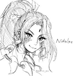  character_name commentary_request earrings eyebrows eyelashes eyes_visible_through_hair facial_mark female forehead_jewel greyscale hair_over_one_eye jewelry league_of_legends long_hair looking_at_viewer monochrome necklace nidalee otani_(kota12ro08) ponytail portrait sharp_teeth slit_pupils smile solo teeth tribal twitter_username white_background 