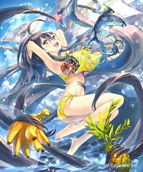  :d ahoge armpits arms_up ass bare_legs barefoot bikini black_hair breast_padding brown_eyes day fangs female fish flat_chest heart hisakata_souji long_hair ocean open_mouth outdoors prehensile_hair print_bikini shingeki_no_bahamut ship side-tie_bikini_bottom smile solo sparkle swimsuit water watercraft watermark yellow_bikini 