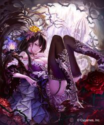  ass bare_shoulders black_hair black_thighhighs blue_eyes boots breasts choker cleavage crown_of_thorns dress female fingernails florakinesis flower garter_straps gem granblue_fantasy hair_flower hair_ornament hand_to_own_mouth high_heel_boots high_heels hisakata_souji jewelry large_breasts legs_up long_fingernails long_hair lying nail_polish orange_flower orange_rose pink_gemstone pinky_out purple_dress purple_gemstone red_flower red_rose ring rose rose_queen shingeki_no_bahamut solo staff thigh_boots thighhighs thorns watermark yellow_flower yellow_rose 