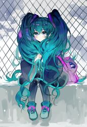  aqua_eyes aqua_footwear aqua_hair black_legwear black_sleeves breath chain-link_fence commentary female fence full_body hair_between_eyes hat_hug hatsune_miku hayanse highres long_hair long_sleeves looking_at_viewer pleated_skirt purple_bag sitting skirt solo twintails very_long_hair vocaloid wide_sleeves 