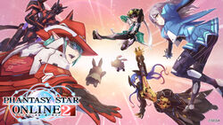  2boys 2girls android arms_behind_head blue_hair chic_jaeger copyright_name cowboy_hat crossed_arms equestior hat headgear highres lillipa long_hair looking_at_viewer multicolored_hair multiple_boys multiple_girls outstretched_hand phantasy_star phantasy_star_online_2 pointy_ears quna_(pso2) rappy ronia_series weiss_croon yellow_eyes zelsius 