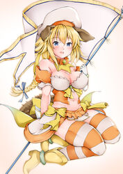  alternate_costume animal_ears blonde_hair blue_eyes blue_ribbon boots braid breasts collar commentary_request dog_ears dog_tail fate/apocrypha fate_(series) female gloves hair_ribbon hat highres jeanne_d&#039;arc_(april_magical)_(fate) jeanne_d&#039;arc_(fate) long_hair looking_at_viewer magical_girl medium_breasts navel open_mouth ribbon rojiura_satsuki:_chapter_heroine_sanctuary sezok single_braid solo striped_clothes striped_thighhighs tail thighhighs white_gloves white_hat 