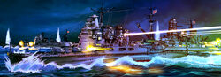  atago_(cruiser) bad_id bad_pixiv_id battleship cannon commentary cruiser firing flag heavy_cruiser historical_event imperial_japanese_navy japanese_flag kamisimo_90 kirishima_(battleship) military military_vehicle night no_humans ocean original rising_sun_flag searchlight ship sunburst takao_(cruiser) turret warship watercraft world_war_ii 