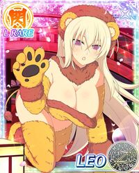  all_fours animal_ears blonde_hair blush breasts card_(medium) character_name cleavage commentary_request embarrassed female fur_trim gloves large_breasts leo_(senran_kagura) lion_ears lion_paw lion_tail long_hair official_art open_mouth paw_pose petals purple_eyes senran_kagura senran_kagura_new_wave senran_kagura_peach_ball solo tail thighhighs third-party_source trading_card very_long_hair yaegashi_nan 