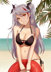  azur_lane bare_arms bare_shoulders beach bikini black_bikini black_bow blurry blurry_background bow breasts commentary contrapposto cowboy_shot cross day depth_of_field earrings female grey_hair hairbow head_tilt highres innertube iron_cross jewelry large_breasts long_hair looking_at_viewer multicolored_hair navel ocarino orange_eyes outdoors palm_tree prinz_eugen_(azur_lane) side-tie_bikini_bottom skin_tight solo standing streaked_hair swim_ring swimsuit tree two_side_up v_arms 