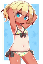  adjusting_hair arms_up blonde_hair blue_eyes chibi commentary_request female frederica_irving highres looking_at_viewer naga_u navel sekaiju_no_meikyuu shin_sekaiju_no_meikyuu short_hair solo swimsuit tan tanlines 