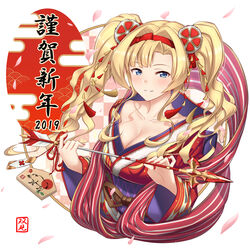  2019 arrow_(projectile) bell blonde_hair blue_eyes blush breasts checkered cherry_blossoms cleavage collarbone commentary_request cropped_torso ema female futami_(mg42fw190d) gem granblue_fantasy hagoromo hair_intakes hair_ornament hair_ribbon hairband hamaya happy_new_year highres holding holding_arrow japanese_clothes jingle_bell kimono large_breasts light_smile long_hair long_sleeves looking_at_viewer nail_polish nengajou new_year obi parted_bangs parted_lips red_hairband red_kimono red_nails red_ribbon ribbon sash shadow shawl sidelocks solo tassel twintails upper_body wavy_hair white_background wide_sleeves zeta_(granblue_fantasy) 