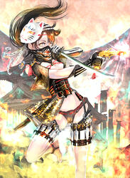  bad_id bad_pixiv_id black_hair breasts cleavage commentary_request female fox_mask fundoshi gun highres holding holding_gun holding_sword holding_weapon japanese_clothes kodachi kunai looking_at_viewer mask md5_mismatch multicolored_hair natsui_tuna orange_hair original partial_commentary ponytail short_sword small_breasts solo sword thigh_strap two-tone_hair weapon yellow_eyes 