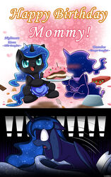  2015 alicorn black_body black_feathers blue_body blue_feathers cake dessert digital_media_(artwork) dream english_text equid equine feathered_wings feathers female feral food friendship_is_magic group hasbro hi_res horn mammal my_little_pony mythological_creature mythological_equine mythology nightmare_moon_(mlp) princess_luna_(mlp) tantabus text vavacung wings young 