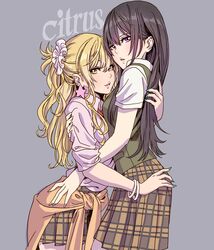  2girls absurdres aihara_academy_school_uniform aihara_mei aihara_yuzu black_hair blonde_hair blue_nails bracelet brown_skirt brown_vest citrus_(saburouta) closed_mouth commentary_request copyright_name cowboy_shot earrings fingernails from_side grey_background half_updo hand_on_another&#039;s_hip highres hug inseki jewelry light_frown lips long_hair long_sleeves looking_at_viewer medium_skirt miniskirt multiple_girls nail_polish pink_shirt plaid plaid_skirt pleated_skirt purple_eyes red_neckwear school_uniform scrunchie shirt short_sleeves simple_background skirt sleeves_rolled_up smile standing star_(symbol) star_earrings step-siblings step-sisters vest white_scrunchie white_shirt yamashita_shun&#039;ya yellow_eyes yuri 