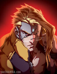  adjusting_eyewear blonde_hair blue_eyes charlie_nash forehead_jewel glasses grey_skin jeffrey_cruz male_focus multicolored multicolored_skin open_clothes pompadour portrait rimless_eyewear solo stitches street_fighter street_fighter_v two-tone_skin vest 