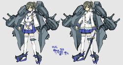  akaga_hirotaka alternate_costume alternate_weapon battleship belt cannon commentary_request female japanese_clothes kaga_(battleship) kaga_(battleship)_(kancolle) kaga_(kancolle) kantai_collection katana mecha_musume military military_uniform military_vehicle multiple_views naval_uniform nontraditional_miko photoshop_(medium) ship side_ponytail skirt sword tabi thighhighs translation_request turret uniform variations warship watercraft weapon zettai_ryouiki 