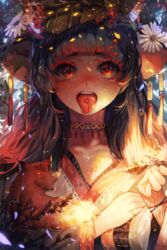  berry black_hair choker commentary_request female flower fox hayanse highres holding korean_commentary long_hair looking_at_viewer oni open_mouth original parted_lips red_eyes solo tongue tongue_out white_flower 