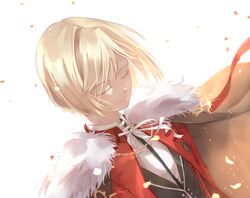  1boy blonde_hair cape closed_eyes closed_mouth collared_shirt commentary_request fate/extra fate_(series) fur_trim highres jacket leonard_bistario_harway long_sleeves male_focus red_jacket shirt simple_background solo tsushima_touko 